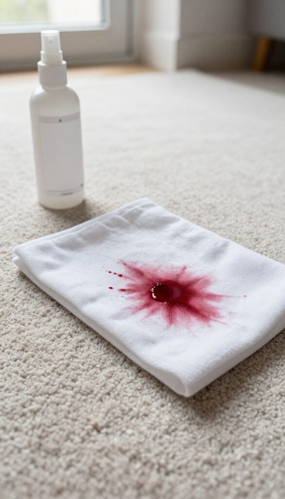 Hydrogen peroxide and dish soap solution being applied to a red wine stain on a light-colored carpet