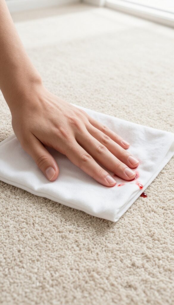 Hand blotting a red wine spill on a beige carpet with a white cloth
