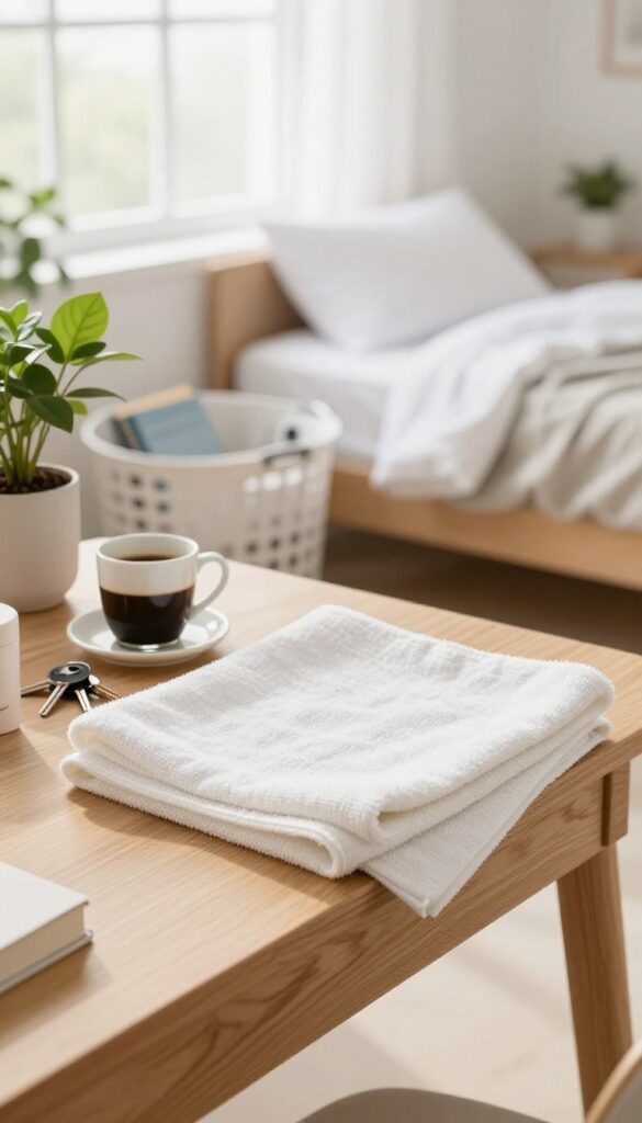 A person wiping a clean wooden desk surface with a cloth, with a basket of collected items nearby, in a bright bedroom.