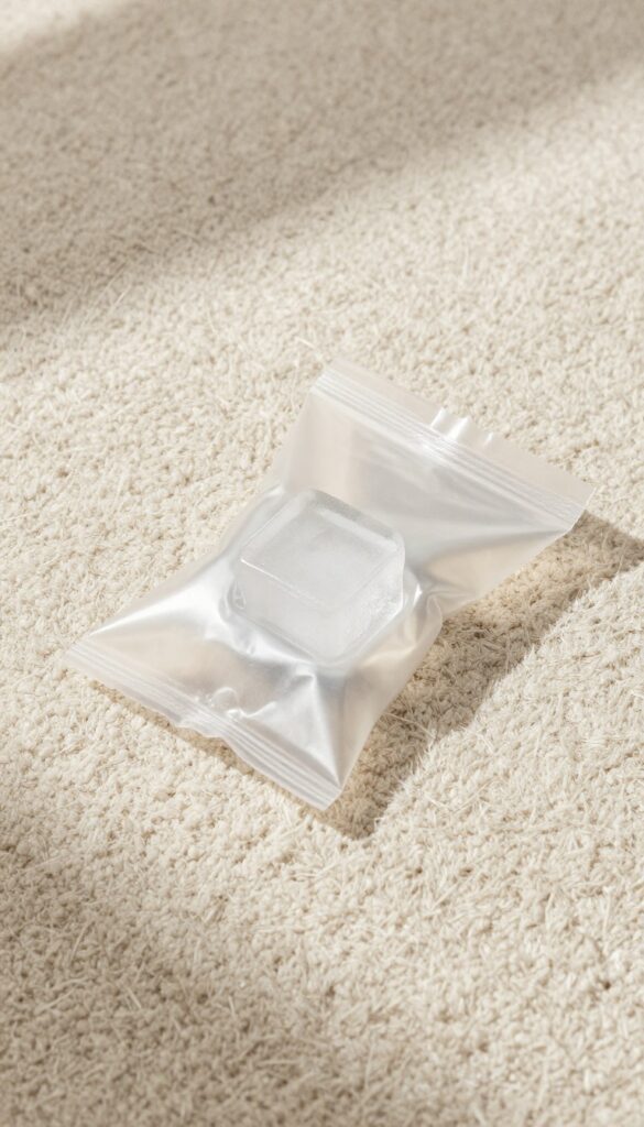 Ice cube in a plastic bag on a rug to freeze and remove chewing gum