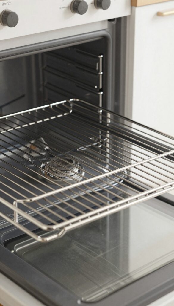 Metal stove grate on oven rack after self-cleaning cycle, covered in fine ash, ready to be wiped clean.
