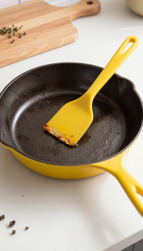 Plastic scraper lifting food residue from a cast iron skillet