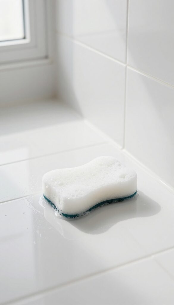 Damp Magic Eraser on a shower floor next to a light soap scum ring, bright natural light, clean tile