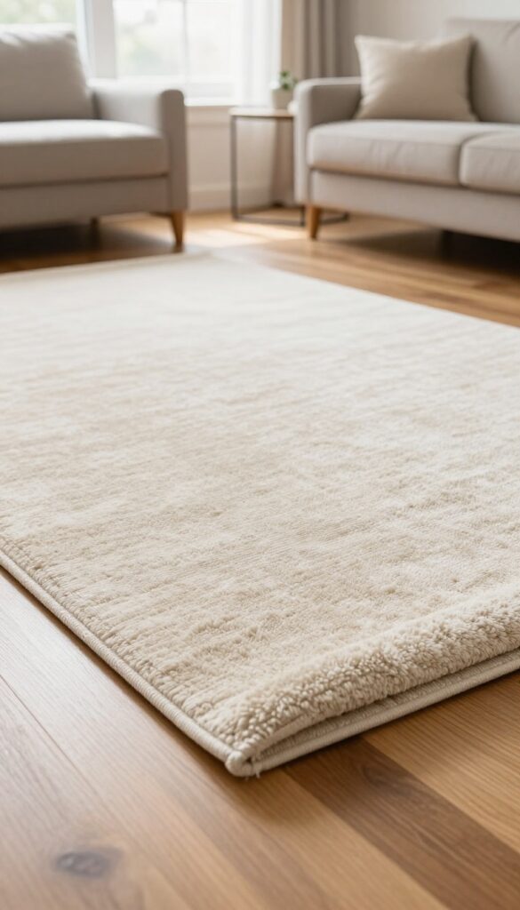 Rug pad under a rug on hardwood floor, preventing slipping and wear