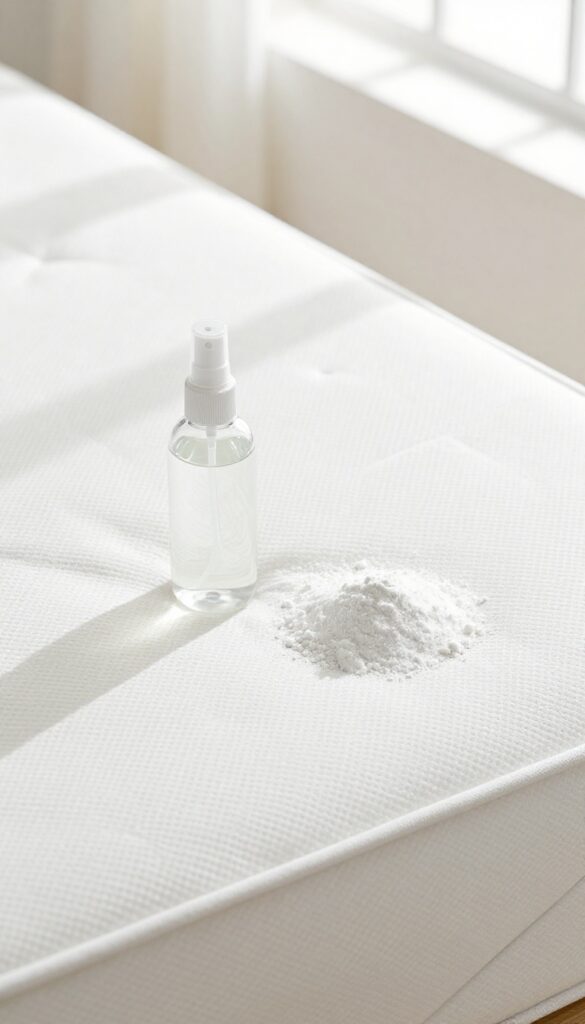 Close-up of a clean mattress with baking soda and a spray bottle, illustrating a urine odor removal method.