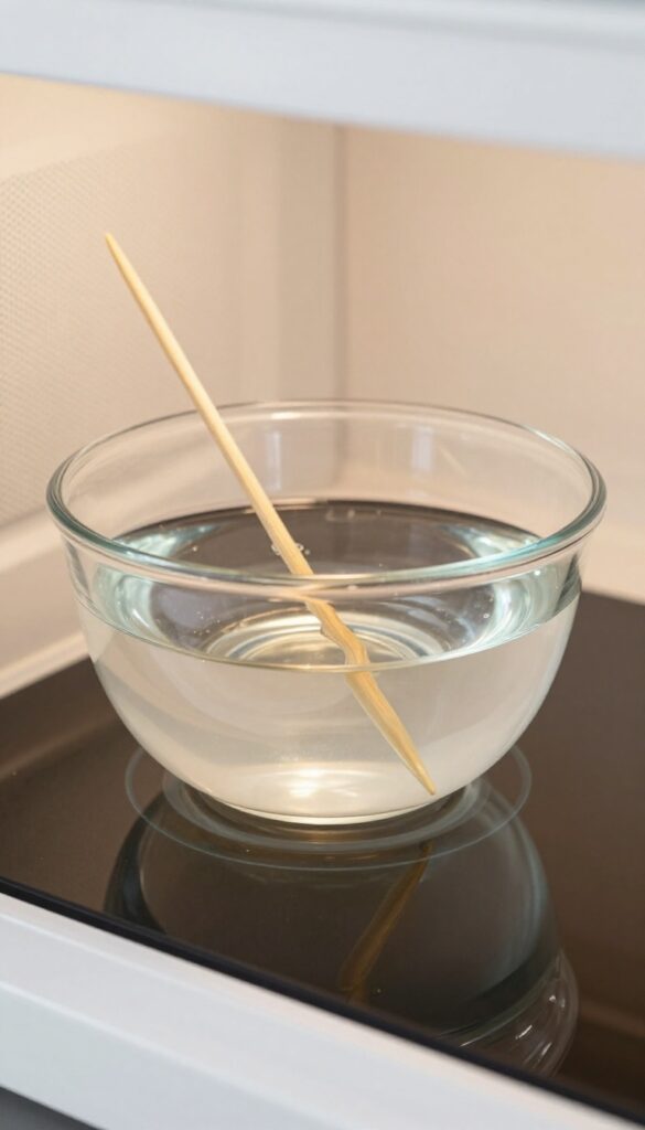 Bowl of vinegar and water with a toothpick inside a microwave
