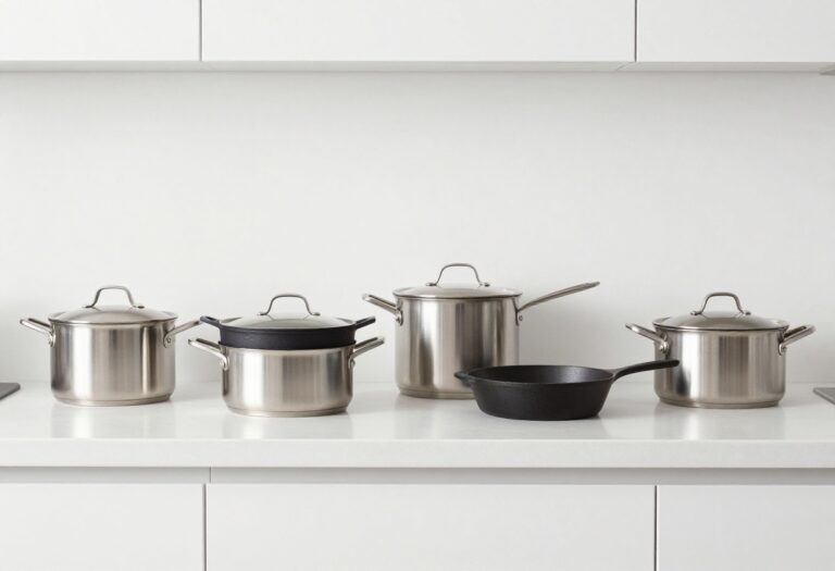 Clean pots and pans stacked on a kitchen counter, sparkling in natural light.