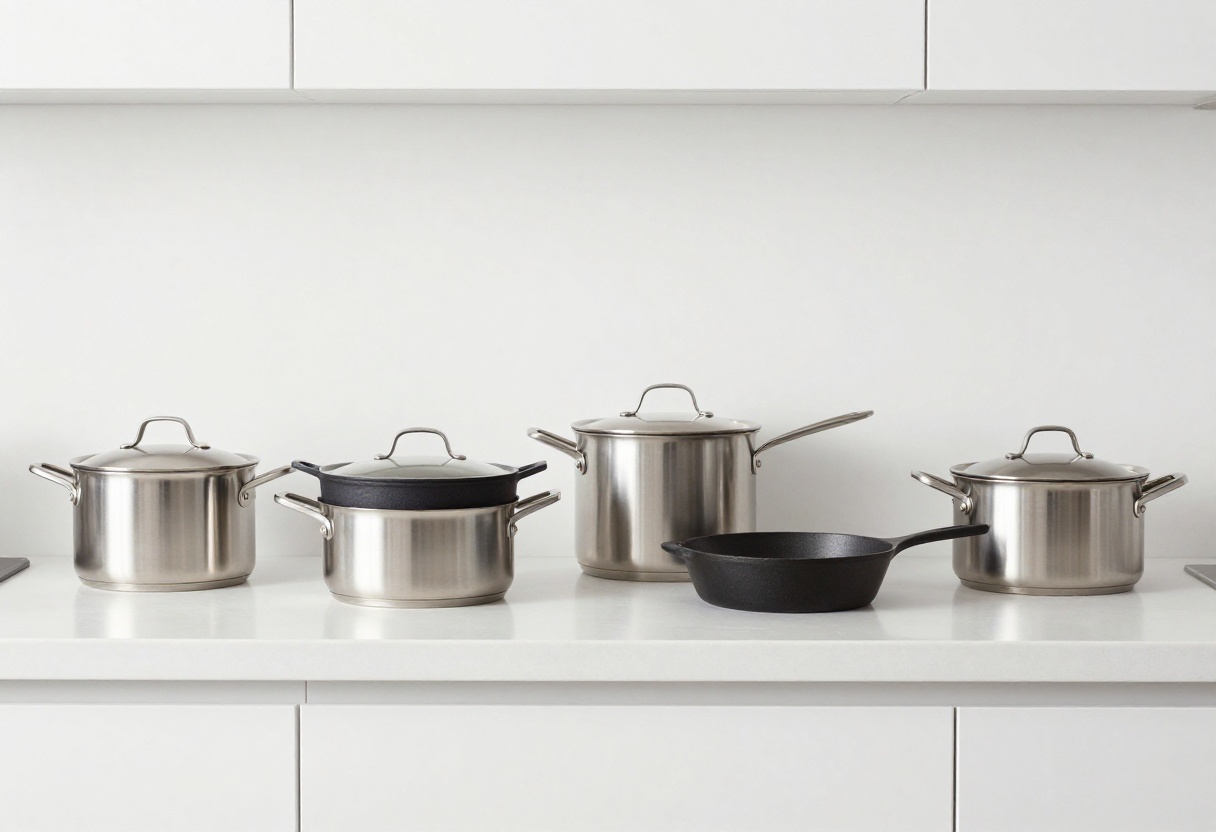 Clean pots and pans stacked on a kitchen counter, sparkling in natural light.