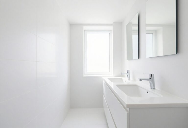 A clean, bright bathroom with white tiles and a mirror reflecting sunlight.