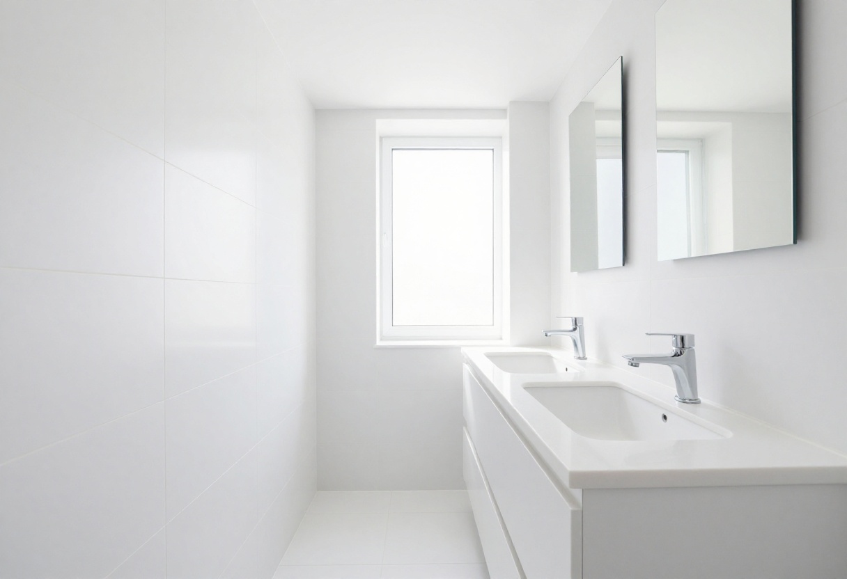 A clean, bright bathroom with white tiles and a mirror reflecting sunlight.