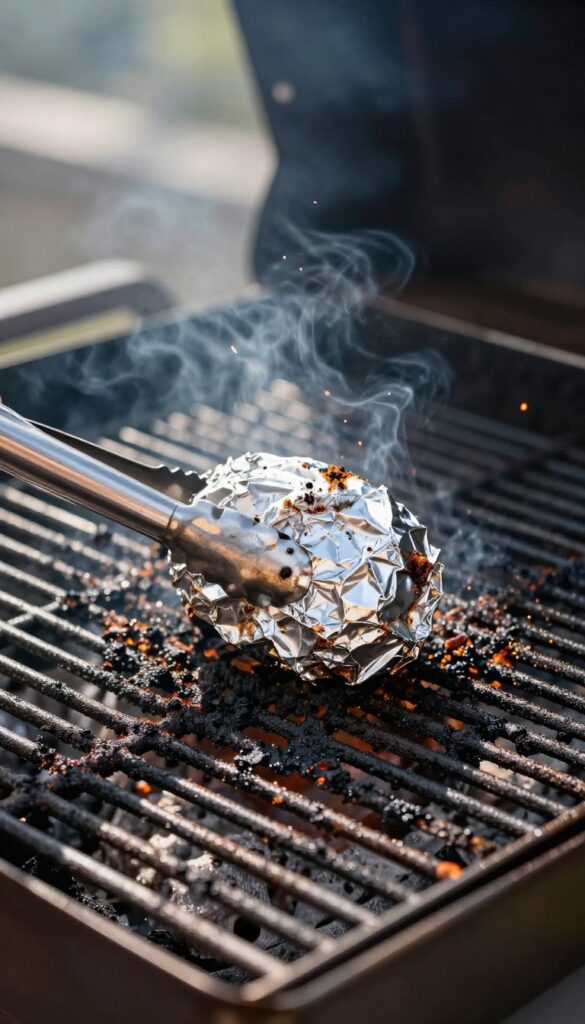 Aluminum foil ball scrubbing hot grill grate to remove stubborn grime