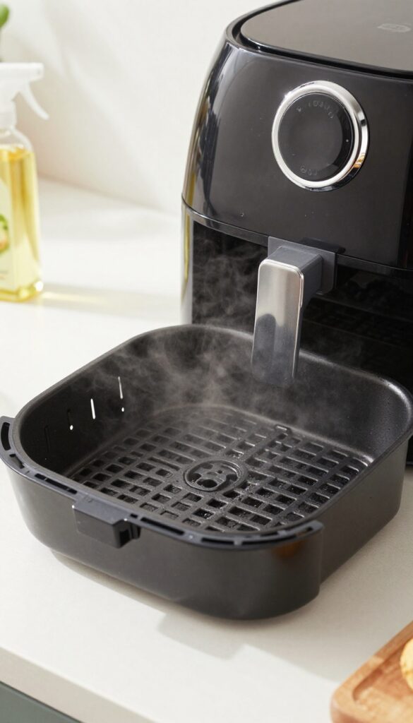 Non-stick spray being applied to an air fryer basket and tray on a kitchen counter