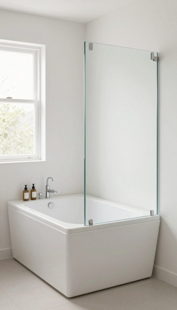 Small bathroom with a tub and folding glass screen pushed against the wall