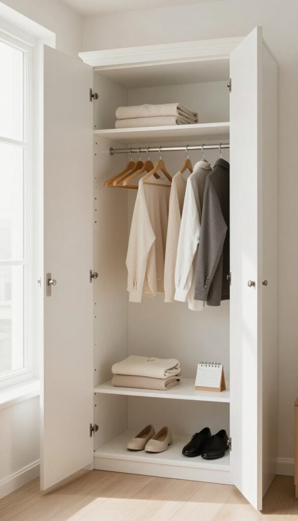 A bright, organized closet with clothes on hangers, some flipped backward, illustrating the one-year rule for decluttering.