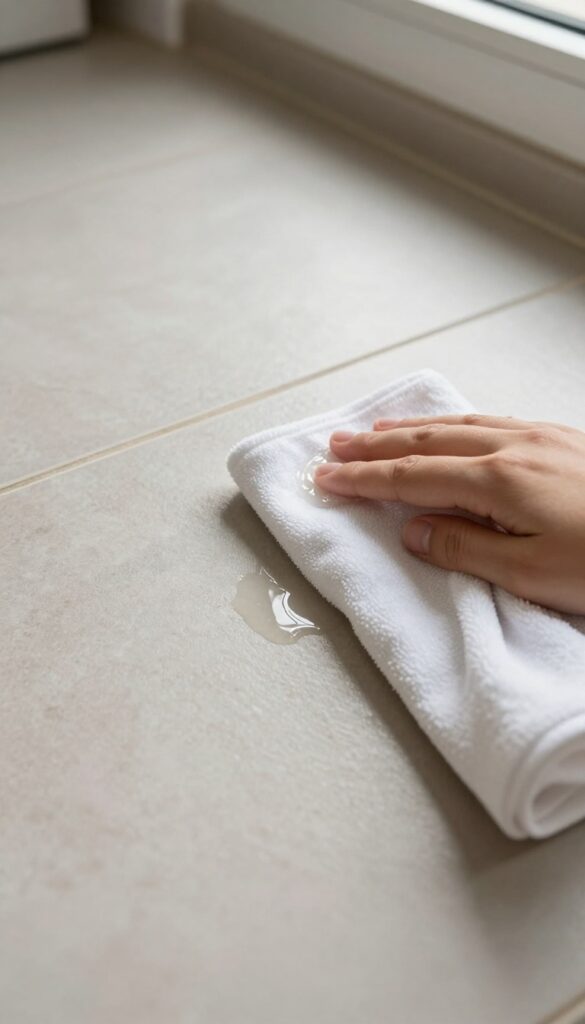 Cleaning sticky residue from tile floor with rubbing alcohol and cloth