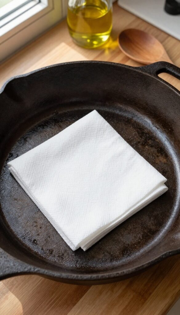 Cast iron skillet with a paper towel inside to absorb moisture
