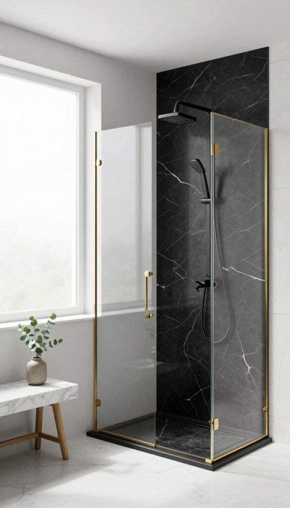 A modern bathroom shower with black marble veined tiles, gold fixtures, and natural light creating a spa-like atmosphere.