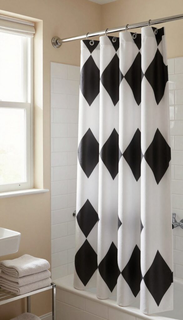 Neutral bathroom with bold black and white geometric shower curtain as focal point