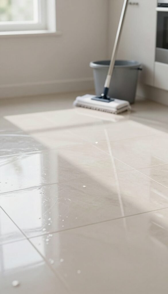 Clean kitchen floor being mopped with dish soap solution, natural light, sparkling finish