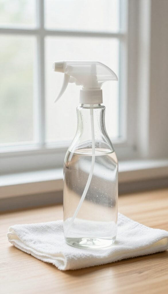 Spray bottle and microfiber cloth next to a clean, streak-free window in natural light.