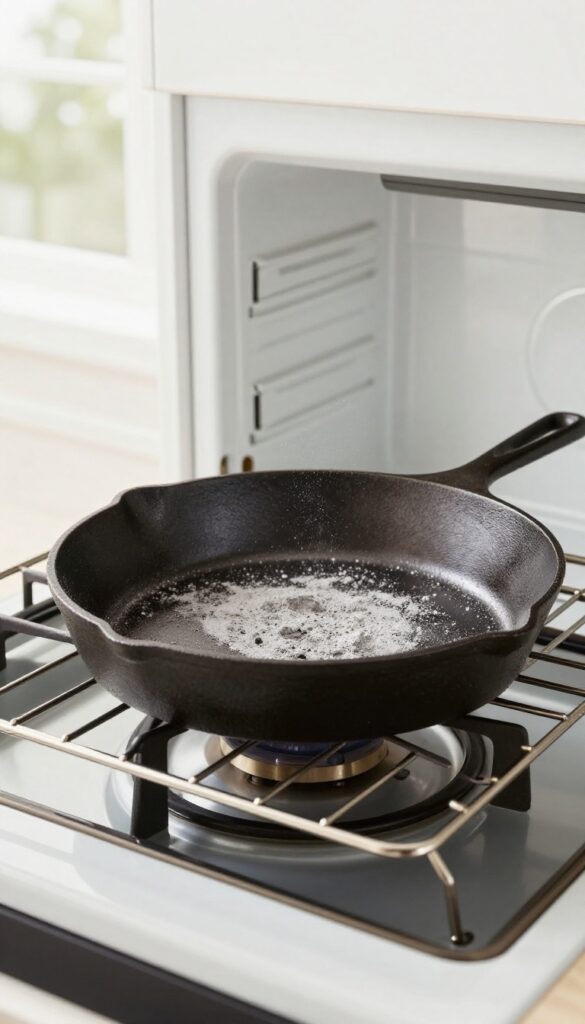 Cast iron skillet upside down in self-cleaning oven with ash residue after high heat cycle