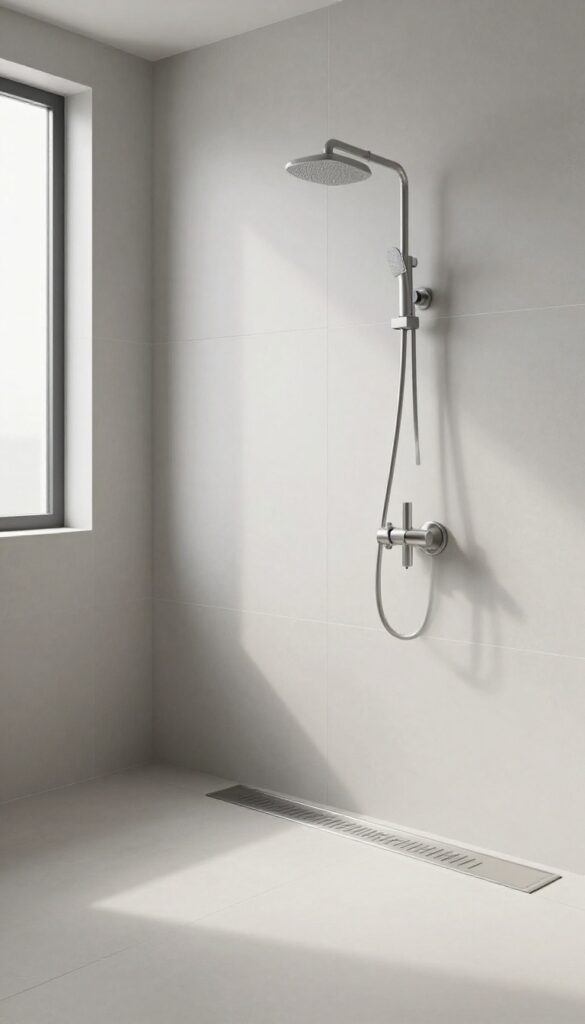 Modern curbless shower with linear drain, large tiles, and seamless floor