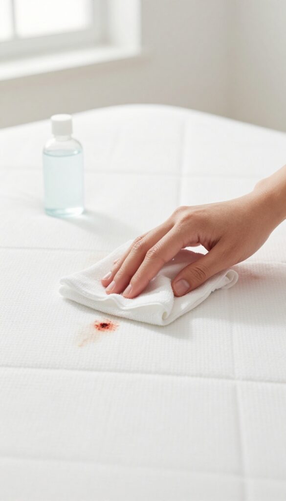 Blotting a blood stain on a white mattress with a cold damp cloth, hydrogen peroxide bottle nearby