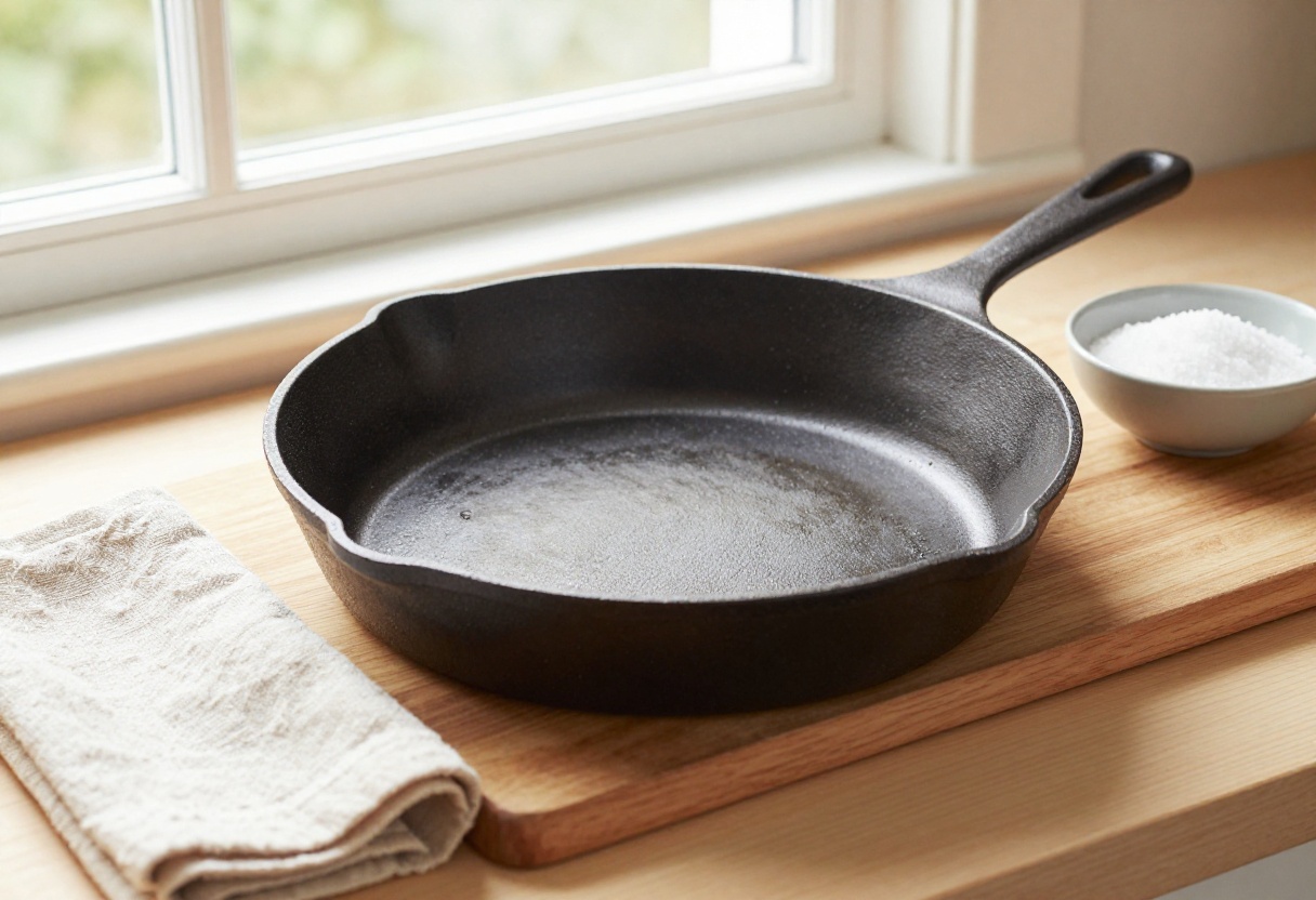 Clean cast iron skillet on wooden board with salt and cloth