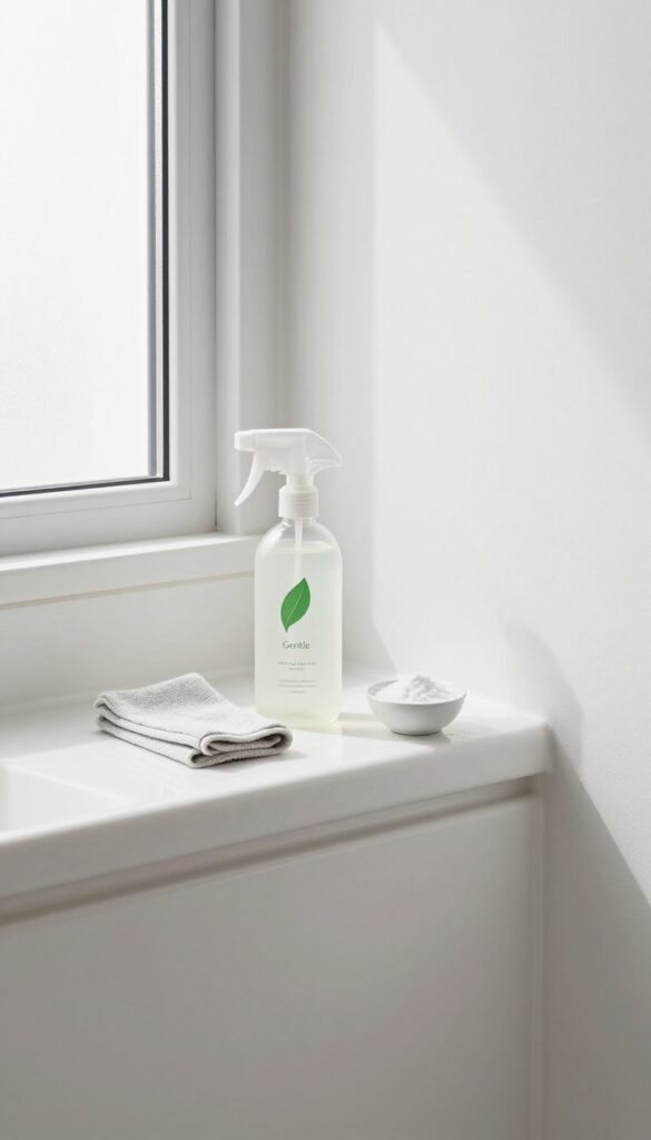 A clean fiberglass shower stall with gentle cleaning products like baking soda and a spray bottle, avoiding harsh chemicals.