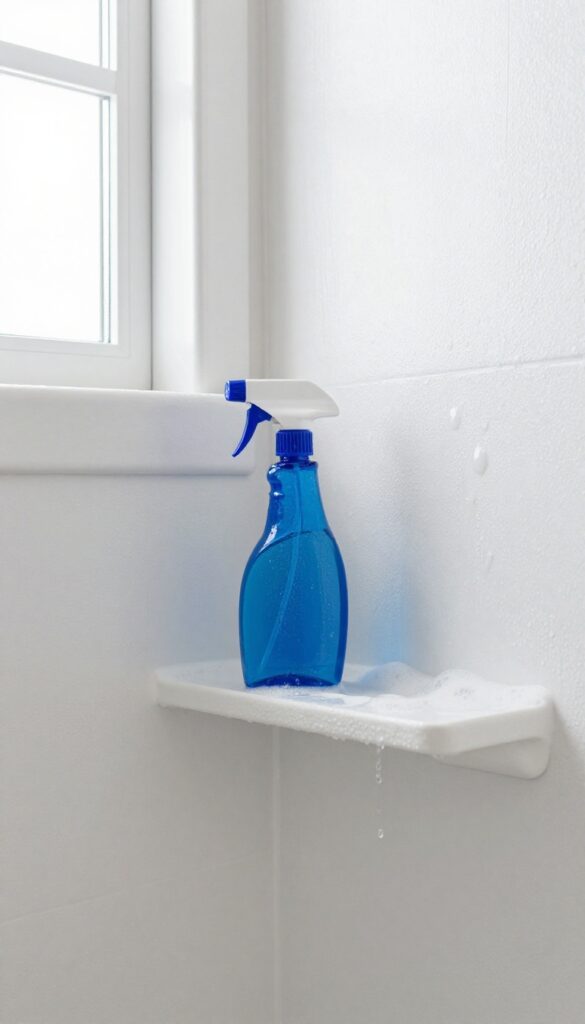 Close-up of a fiberglass shower stall with blue cleaner spray and wet surface, bright natural light, photorealistic.