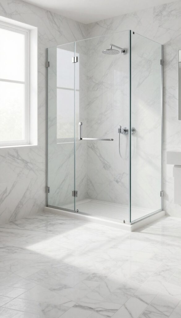 Herringbone marble-look porcelain tile shower wall in a bright modern bathroom