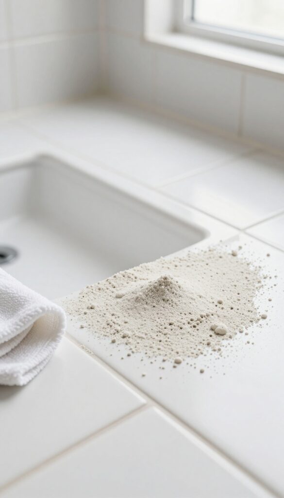A person drying bathroom tile grout with a microfiber cloth in bright natural light