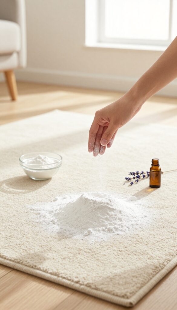 Hand sprinkling baking soda on a beige carpet in a bright living room with natural light.