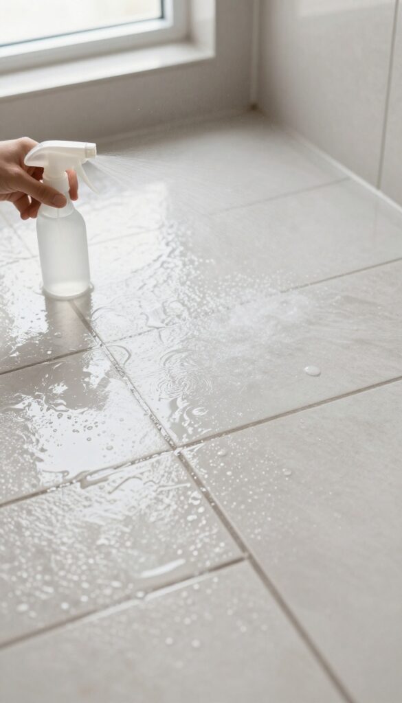 Spray bottle misting water and vinegar on a clean shower floor