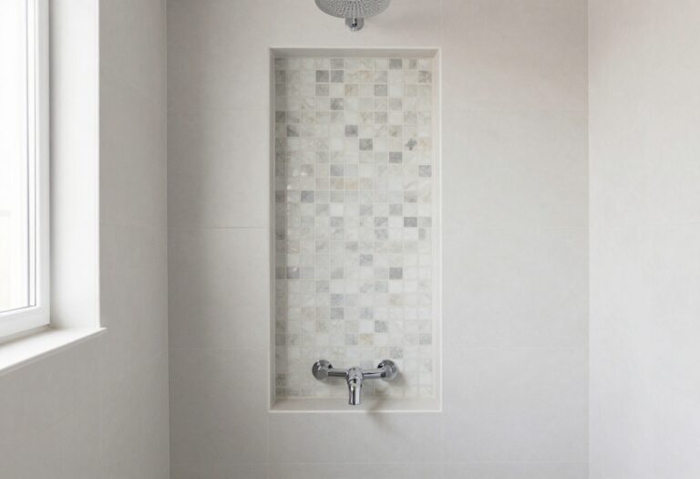Modern shower with a tiled niche featuring mosaic tile insert