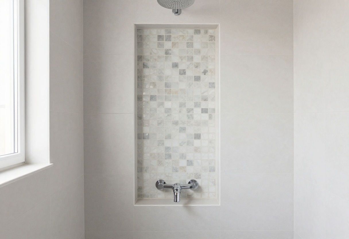 Modern shower with a tiled niche featuring mosaic tile insert