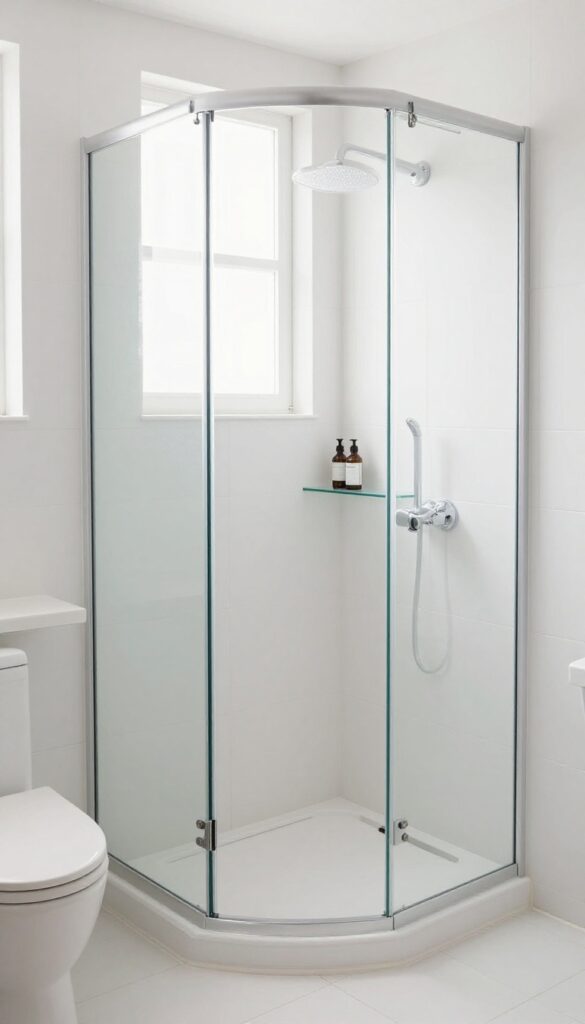 Small bathroom with a white corner quadrant shower unit, frameless glass door, recessed shelves, and natural light.