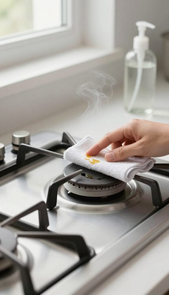 A hand wiping a gas stove burner with a damp cloth, removing grease while the burner is still warm.