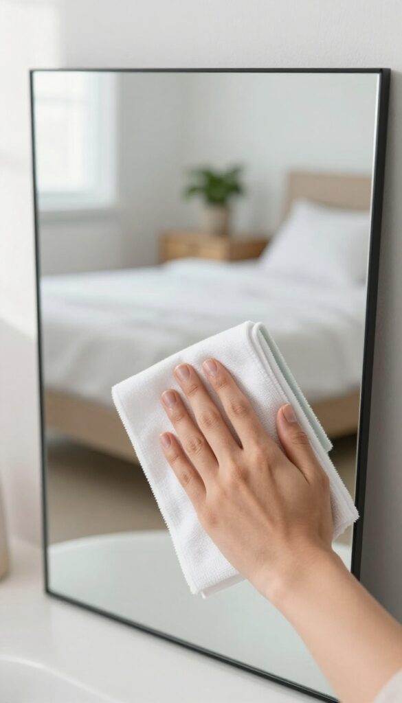 Hand wiping a mirror with a microfiber cloth in a bright bedroom