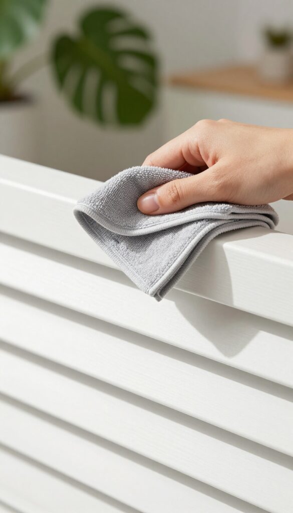 Hand wiping a clean white blind slat with a microfiber cloth in bright natural light.