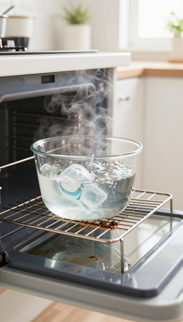 Dishwasher pod dissolving in hot water inside an oven to loosen burnt spills