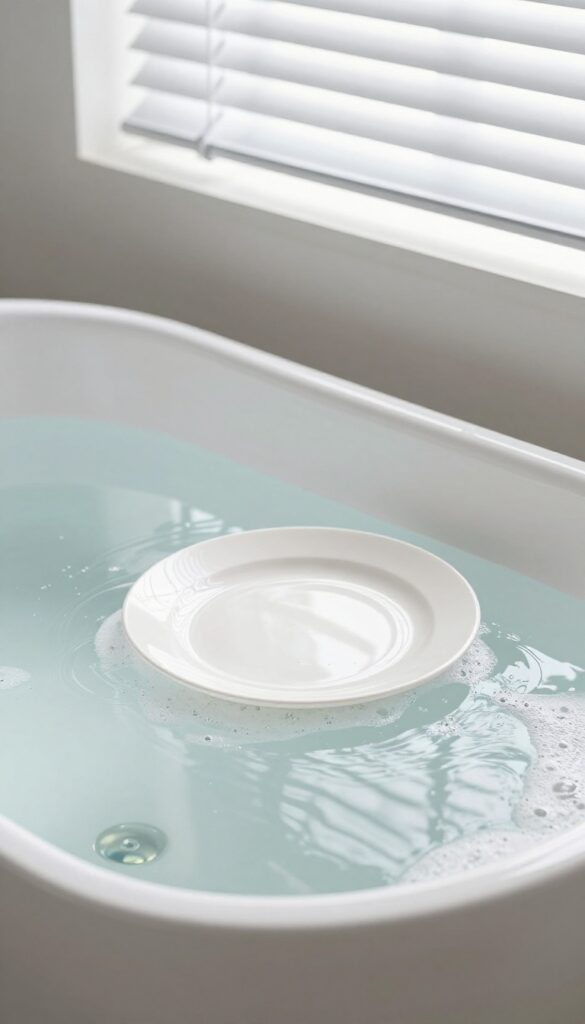 Horizontal blinds submerged in a bathtub with soapy water, a plate weighing them down, natural light, photorealistic.