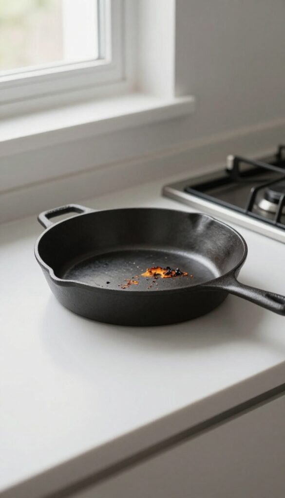 Cast iron skillet with burnt residue on a kitchen counter near an oven.