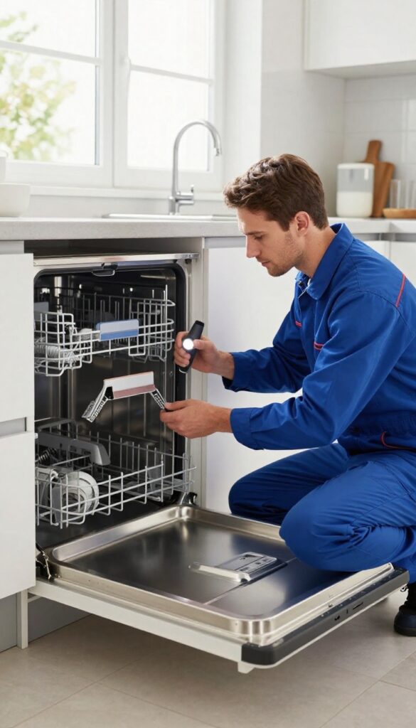 Professional technician inspecting dishwasher door gasket with flashlight in bright kitchen