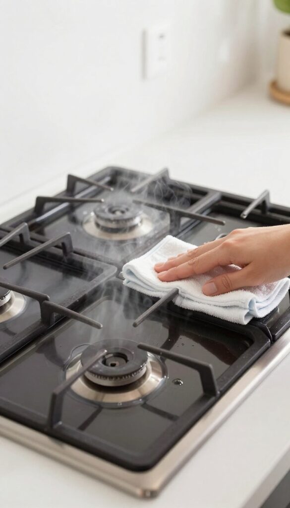 Person wiping a gas stove top with a damp microfiber cloth after cooking, clean and shiny surface in natural light