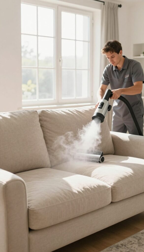 Professional upholstery cleaner steam cleaning a fabric couch in a sunlit living room