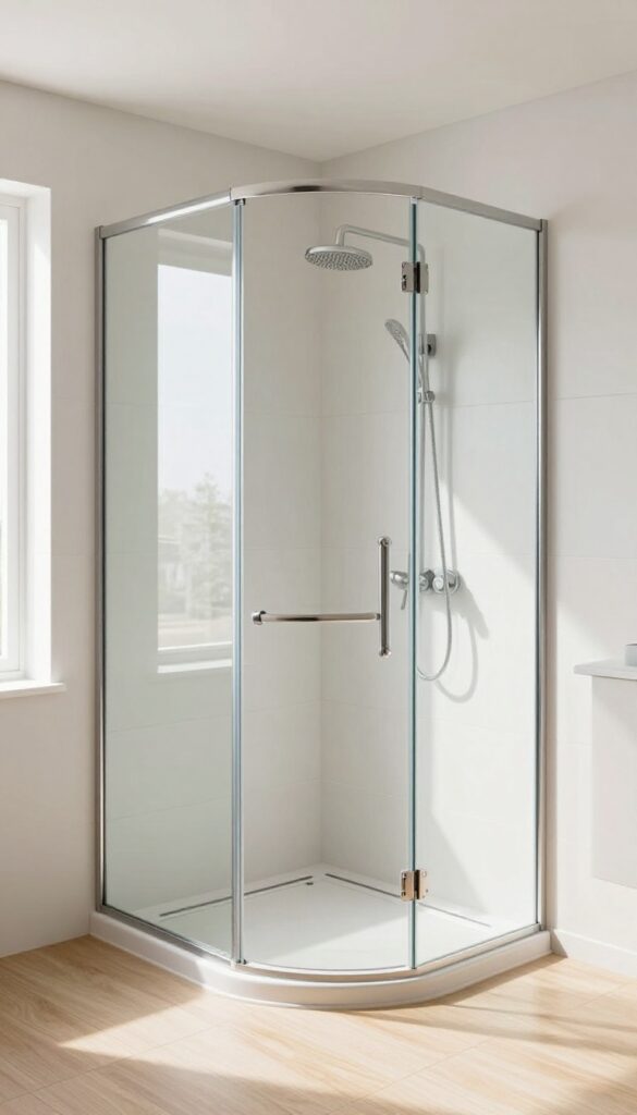 Corner glass shower with curved door in a bright, modern bathroom