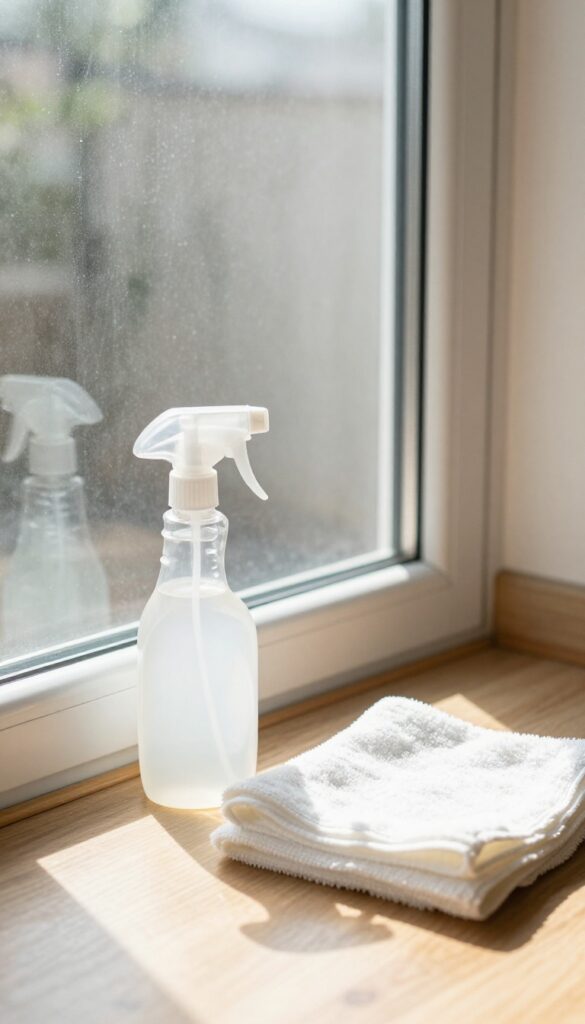 Streak-free glass door with cleaning supplies nearby