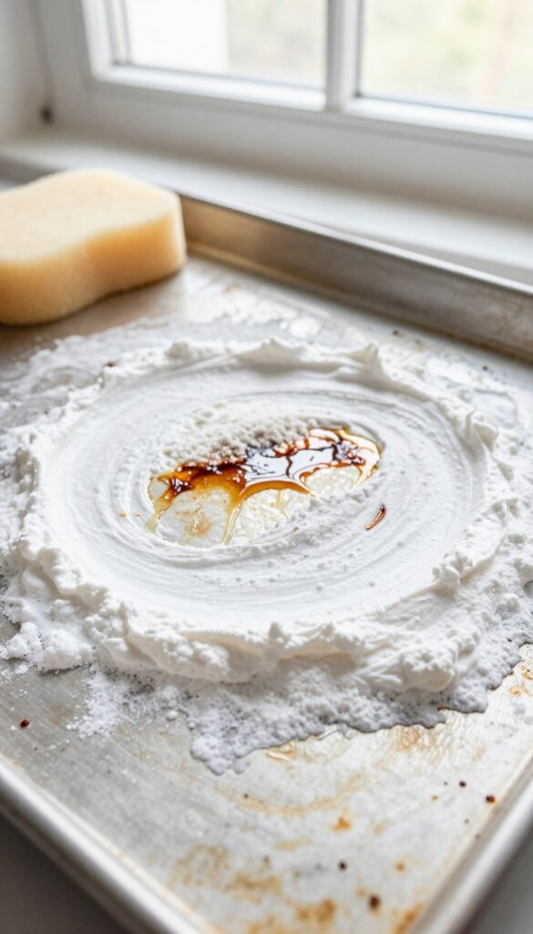 Baking sheet with burnt grease marks and baking soda hydrogen peroxide paste