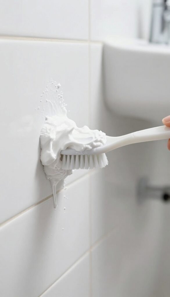 Cleaning a stubborn spot on a bathroom wall with a baking soda paste and soft brush
